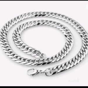 Silver Plated Thick Heavy Stainless Steel Miami Cuban Link Chain Necklace